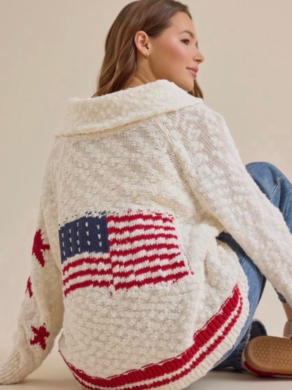 Altar'd State Cream Sweater with Red & Blue Flag Motif